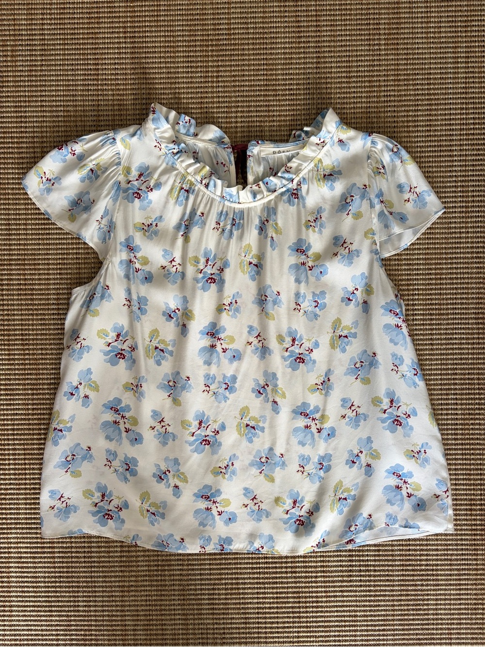 Doen Yvie Silk Ruffle Short Sleeve High Neck Top Bleu Frolicking Floral